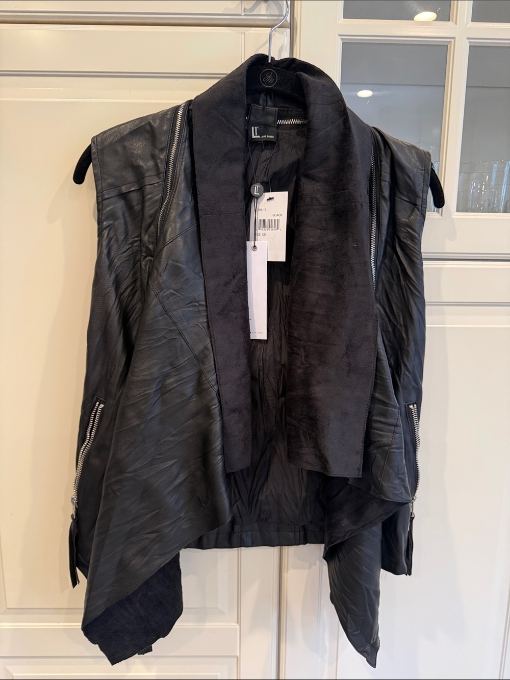 Love Token Black Leather Draped Sleeveless Vest with Suede Trim